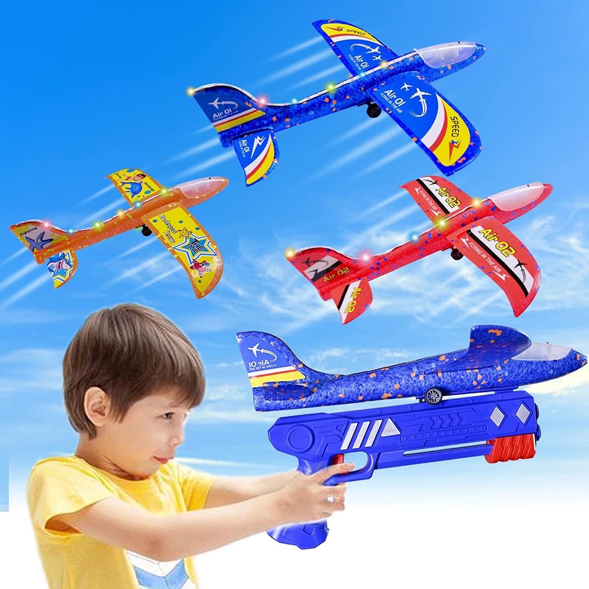 Vliegtuigen Voor Kinderen, Piepschuimvliegtuig, afschietpistool, kinderspeelgoed, kinderen, buiten, tuin, interactief spelen, kindercadeaus, jongens, meisjes 3, 4, 5, 6, 7, 8, 9, 10 jaar
