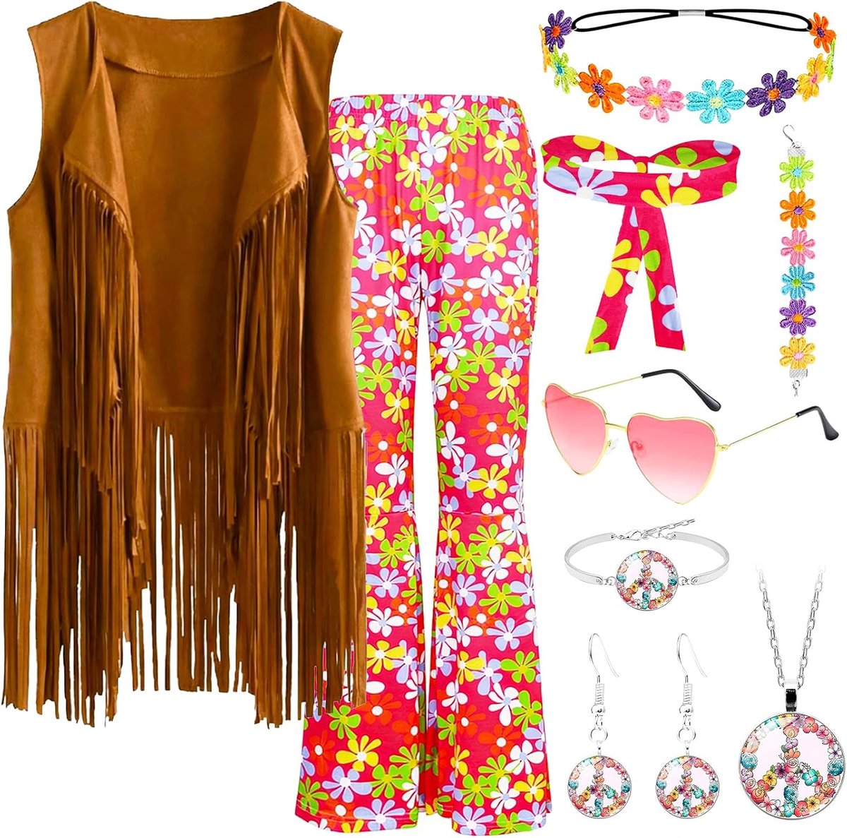 9-delige hippiekostuumset voor dames, jaren '70 vrouwen, hippiekleding met franjevest, slagbroek, hoofdband, zonnebril, halsketting, oorbellen voor carnaval, disco, themafeest