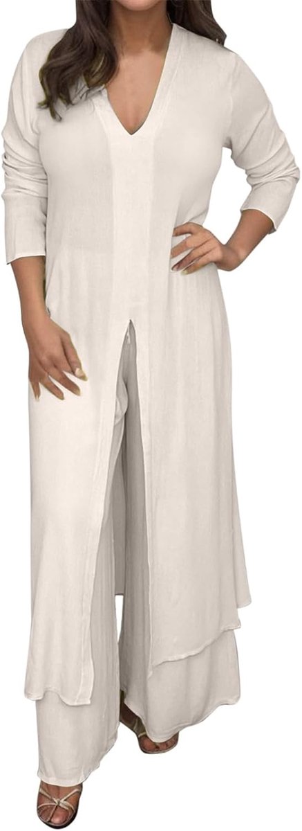 Dames casual plus size V-hals lange mouwen chiffon hemd strandpak split lange top + broek pak blouse onderaan