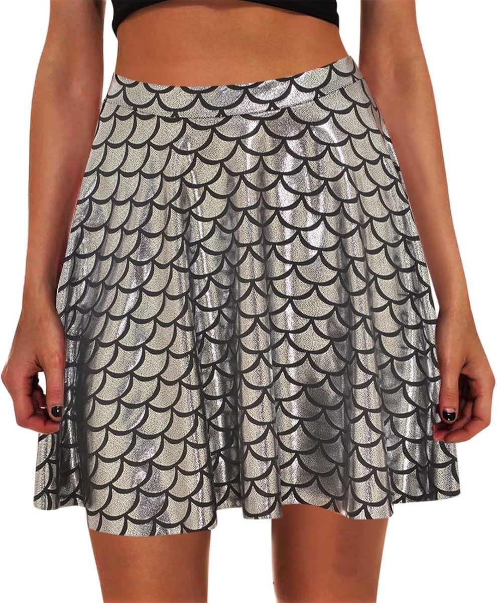 Damesrok met hoge taille, plooien, trapezium, portemonnee, uitlopend, effen, bloemenprint, gestreept, rekbaar, dagelijks gebruik, vakantie, strand, cocktail, A60