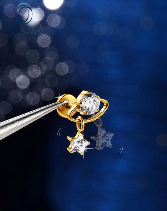 Body Piercing 16G Titanium Cartilage Earring Lip Stud Planet CZ with Star Dangle Internally Threaded Tragus Helix Labret Piercing Jewelry for Daily Party — afbeelding 3