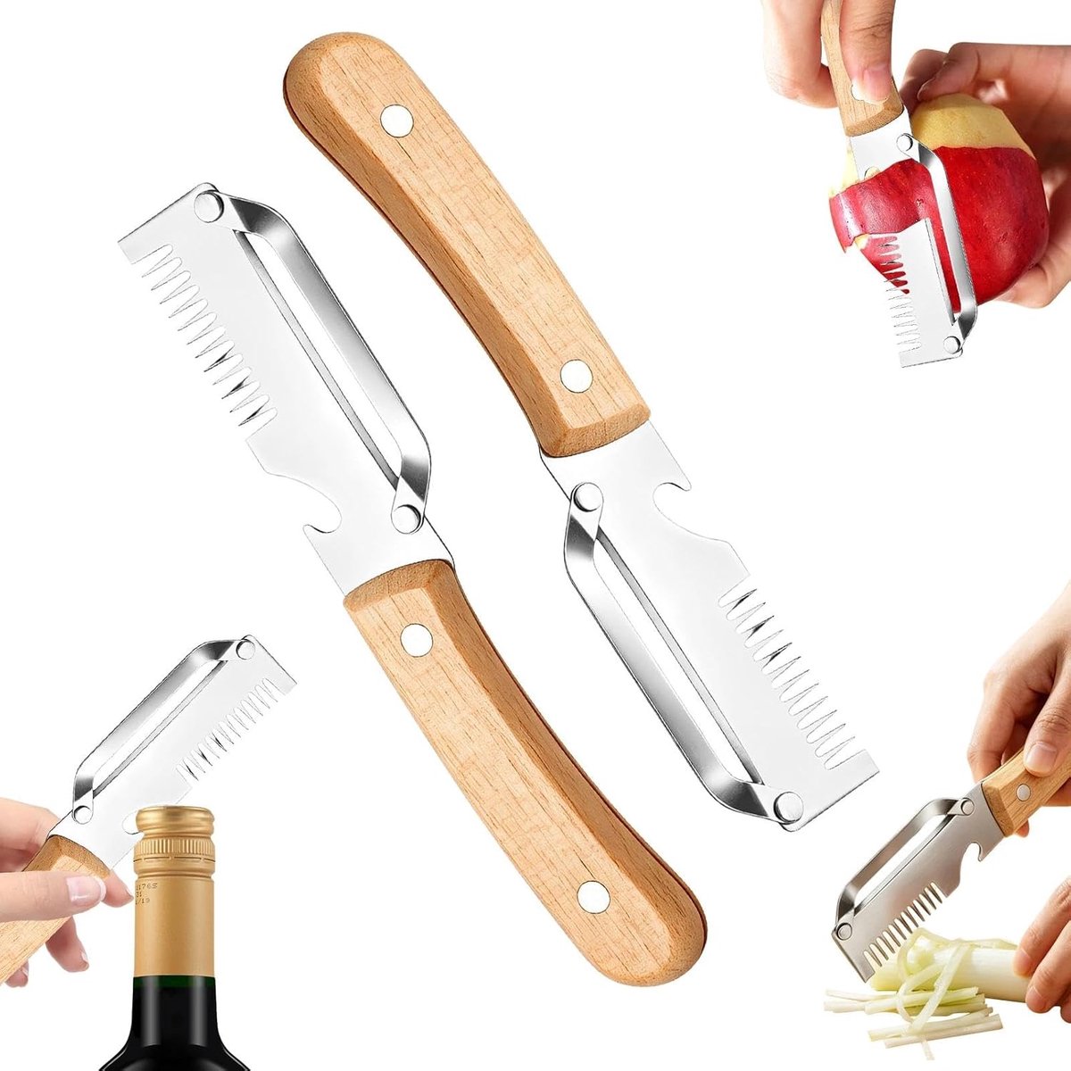 2 stuks multifunctionele groenteschiller met houten handvat, roestvrijstalen strepen, snijder voor fruit, aardappelen, wortelen, komkommers, uien, groenteschiller met houten handvat
