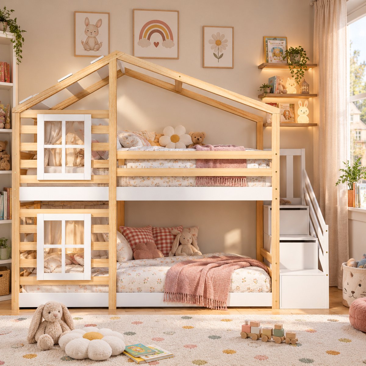 MEXUS Kinderhuisbed 90x200, stapelbed, tweepersoonsbed, valbeveiliging, boomhutbed met lade, hoogslaper, Wit