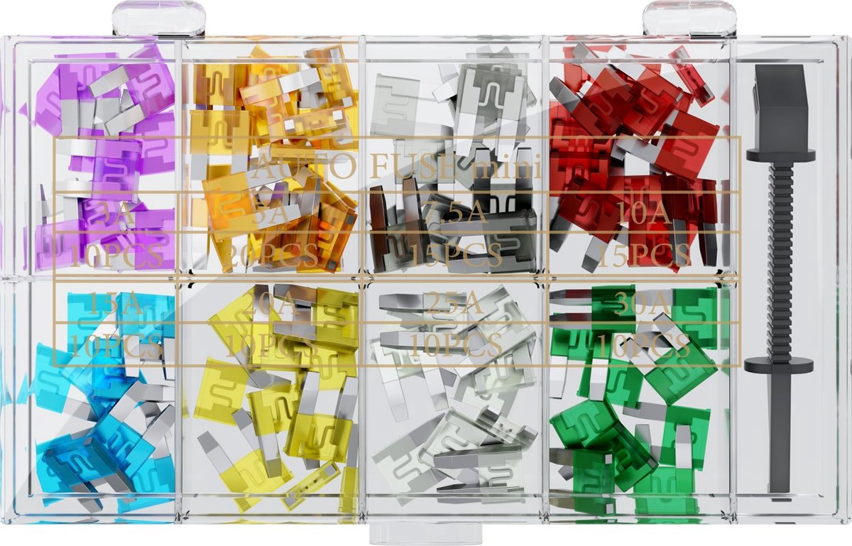 Ministeekzekeringen, 100-delige set 3 A, 5 A, 7.5 A, 10 A, 15 A, 20 A, 25 A, 30 A Lila, Lichtbruin, Bruin, Rood, Geel, Helder, Groen FixPoint 20357