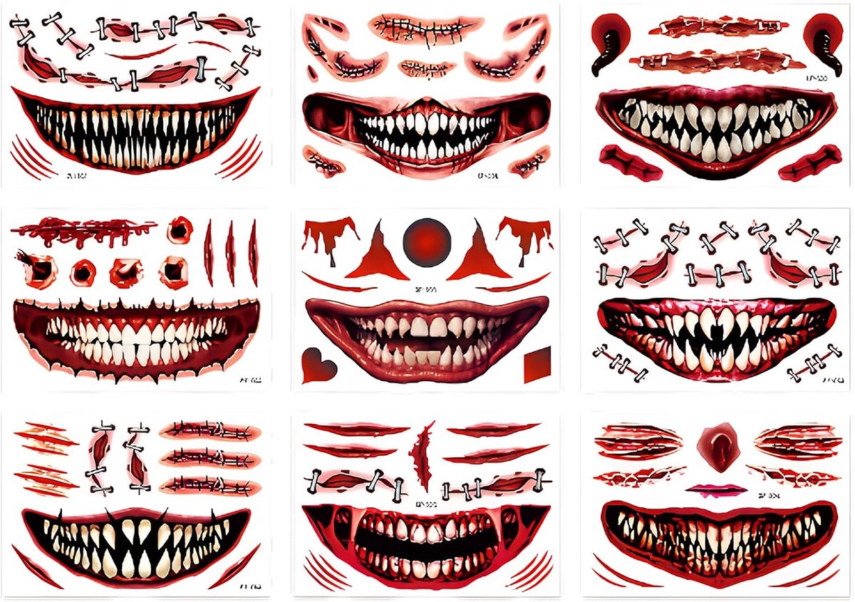 9 Bladeren halloween tatoeages halloween tatoeage gezicht, Lichtgevend in het donker, Waterdicht Tijdelijke Wonden Littekens, voor Horror Zombie Party, Lichaam