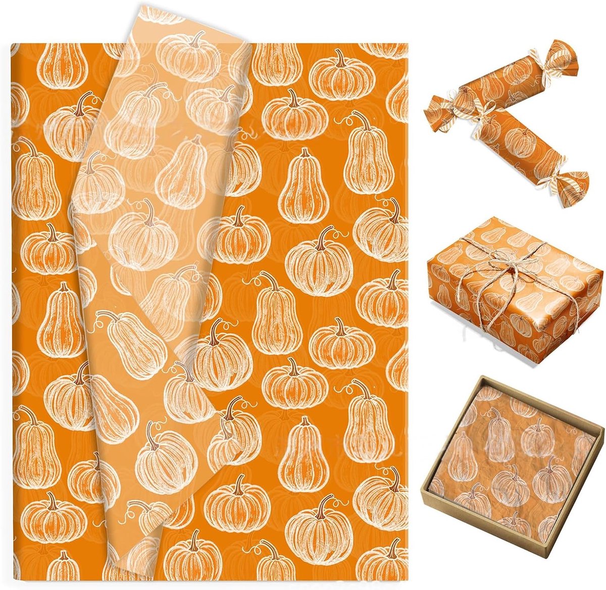100 stuks Oranje Pompoen Herfst Zijdevloeipapier, Cadeaupapier Verpakkingsmateriaal, Zijdevloeipapier voor het Inpakken van Snoep en Cadeaus 50 x 35 cm
