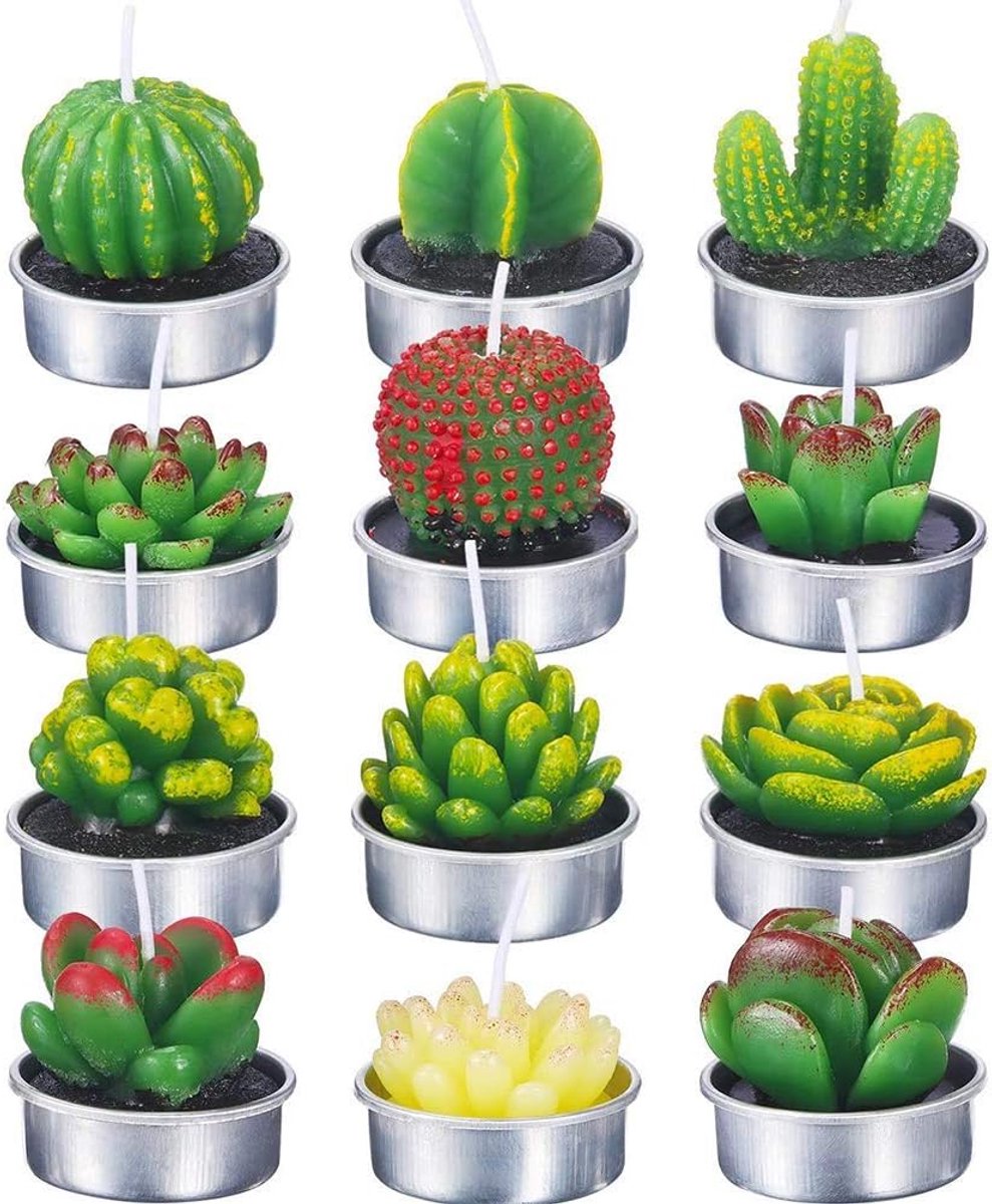 Cactuskaarsen, 12 stuks, delicate vetplanten, theelicht kaarsenset voor feest, bruiloft, spa, woondecoratie, geschenken, planten, kaarsen voor een gezellige sfeer (BLUE)