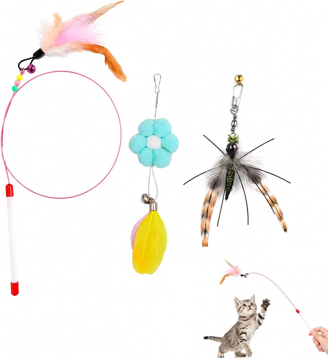 1 kattenhengel + 2 reservekoppen – insectennep en bloem met veren, natuurlijke veren met belletjes, wekt het jachtinstinct, ideaal voor interactief spel en beweging met je kat