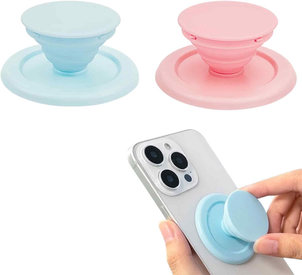Set van 2 magnetische telefoonhouders, mobiele magneetring van siliconen met metalen ring, magnetische telefoongreep, roze en blauw