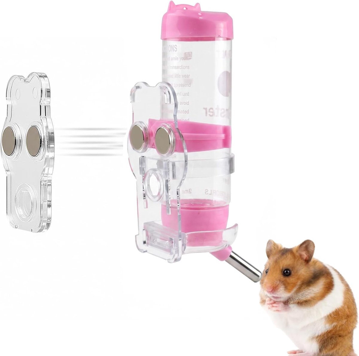 waterfles met magnetische houders, hamster drinkfles met standaard, hamster drinkfles met standaard, hamster waterfles, muizen, ratten, degos, blauw, 125 ml (roze)