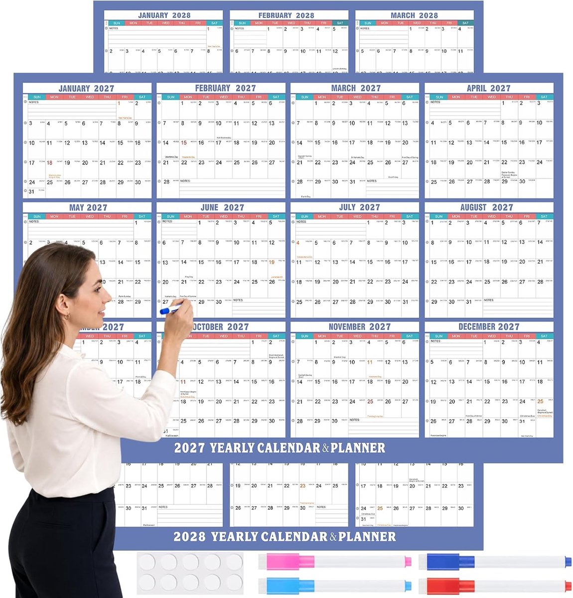 Wandkalender 2027-2028 (86x61cm) – Wiederbeschreibbarer Jahresplaner für 2 Jahre – Inkl. 10 Klebepunkte & 4 Stifte – Geburtstagskalender Jahresunabhängig für Zuhause & Büro