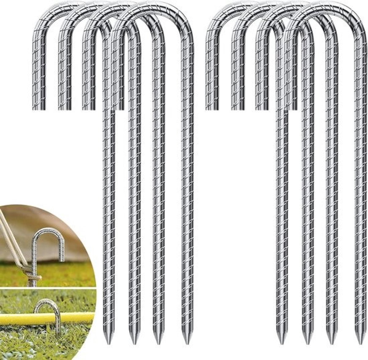 Grondankers Set van 8 - 30 cm Verzinkt met J-haken voor Tent, Trampoline en Tuinbeveiliging
