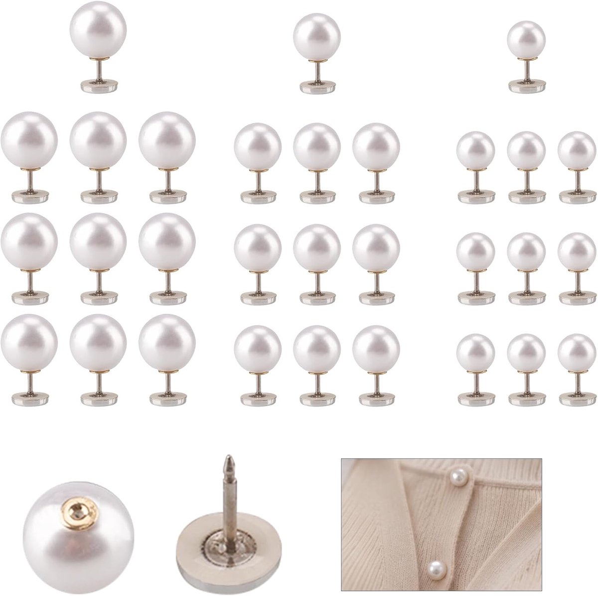 Knopen, 30 stuks, 3 maten (10/12/14 mm) | Geen naaien, kraagnaalden, bescheidenheidsclips voor dames, elegante glanzende decoratie, voor blouses, jurken, sjaals
