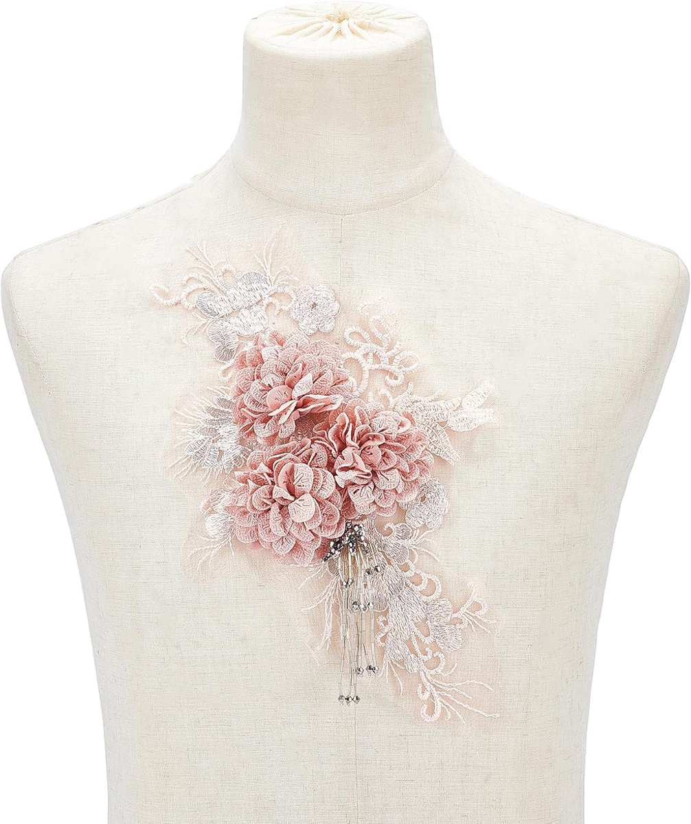 geborduurde stoffen applicatie 16 x 24D 3 cm van Let'S Style Appliques van kant en pailletten en strass kralen naaien bloemen kraag patches decoraties (roze)