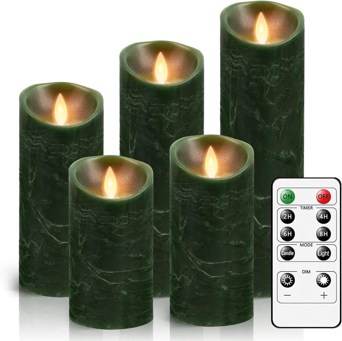 5 stuks, vlamloze kaarsen, oscillerende vlam, batterij, afstandsbediening, timerfunctie, dimmer, kaarsen voor buiten, Kerstmis, verjaardagen, feesten, fatrimoni (groen)