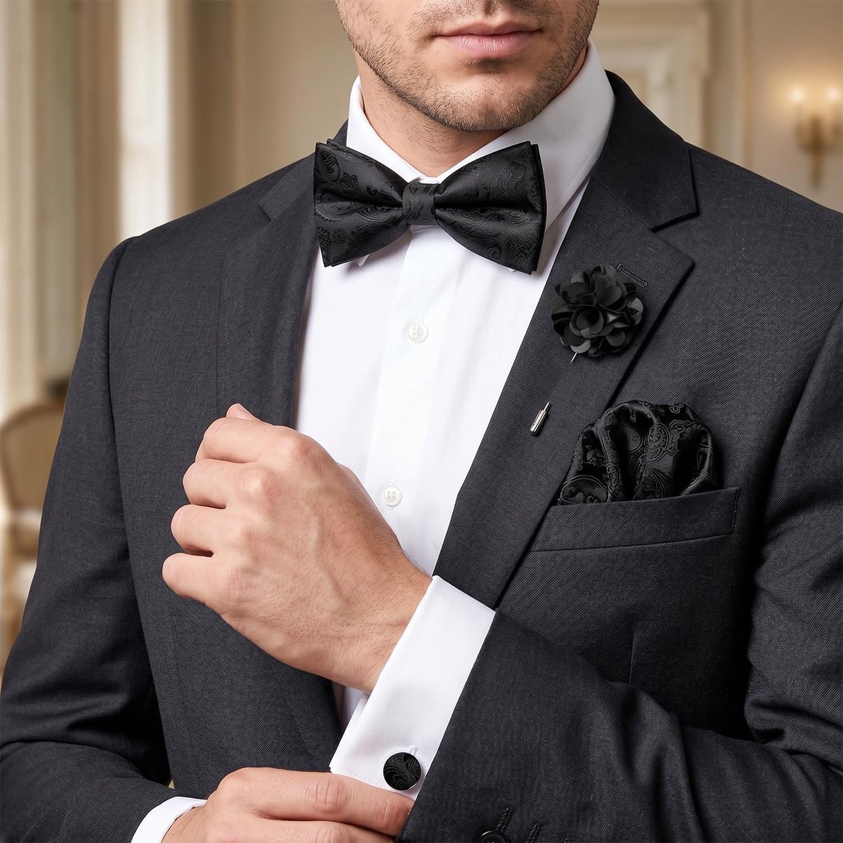 Strik en Pocket Square Set voor Heren met Manchetknopen en Reversspeld, Voorgestrikte Verstelbare Vlinderdas voor Bruiloft en Zakelijke Gelegenheden