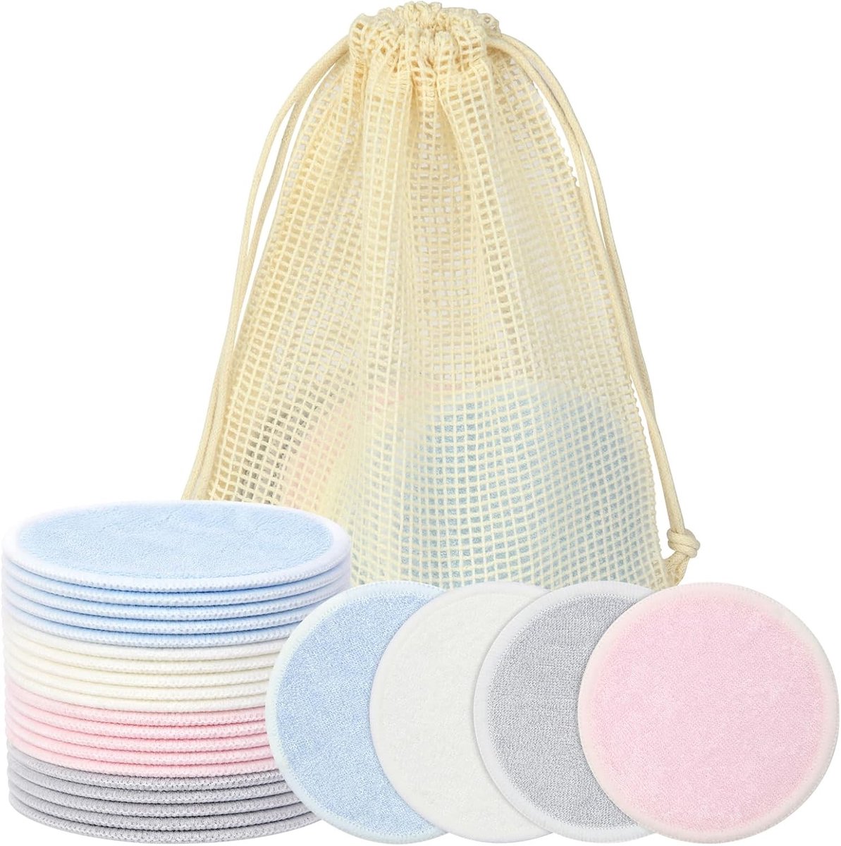Herbruikbare Make-up Verwijder Pads van Bamboe en Katoen, Wasbaar, 20 Stuks, Ideaal voor Gezicht en Ogen, Milieuvriendelijk en Duurzaam in Lichtgrijs, Wit, Blauw en Roze