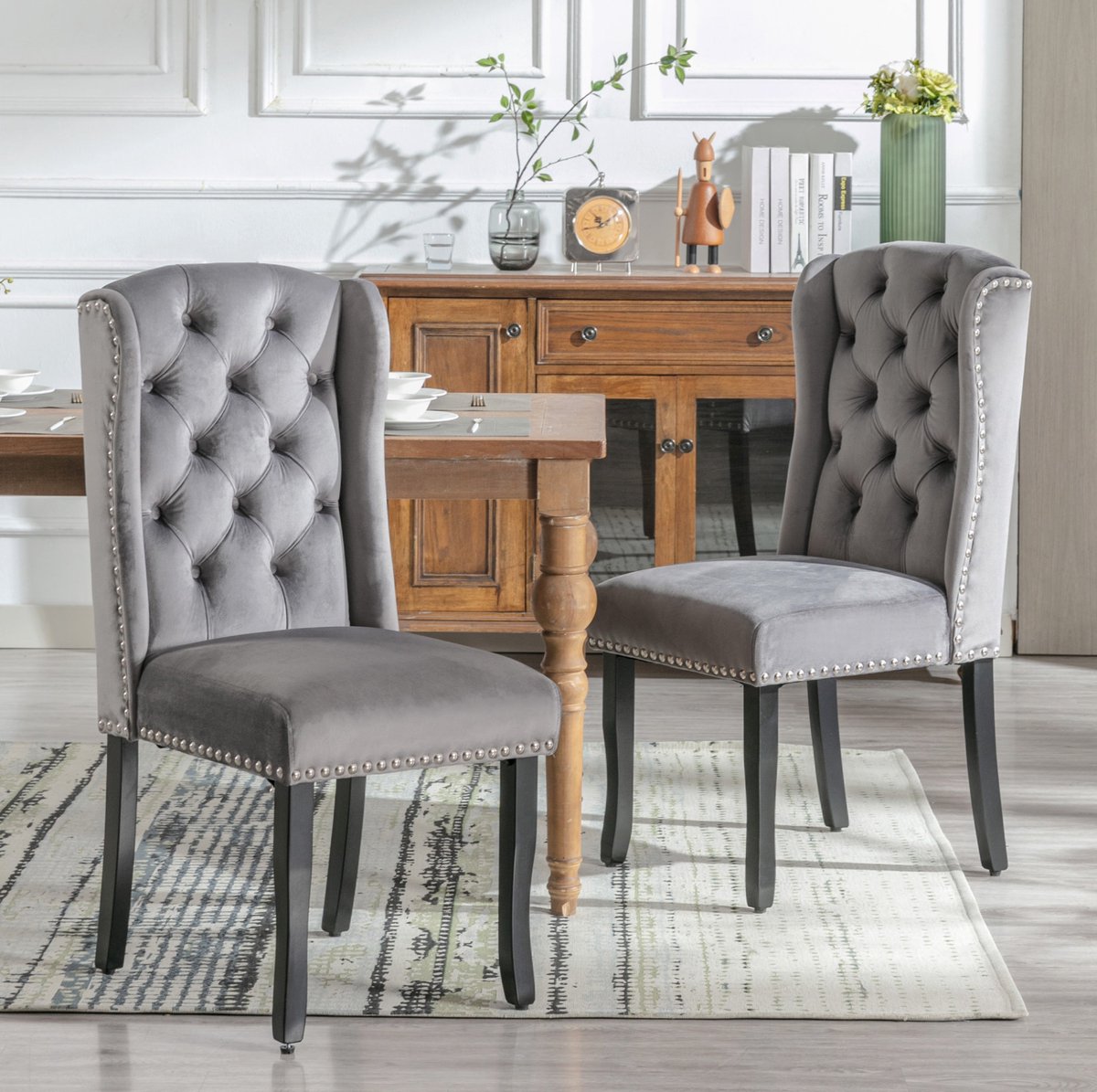 FloraGrace Eetkamerstoel 100 x 45 x 61 Cm - Set Van 6 Met Fluwelen Bekleding En Hoge Rugleuning - Voor Eetkamer En Woonkamer - Hout - Grijs