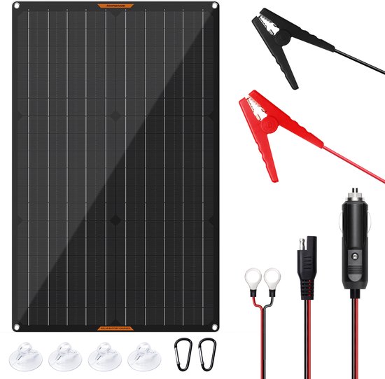 Zwart monokristallijn zonnepaneel met accessoires: accuklemmen, sigarettenaanstekerplug en o-ring terminal.