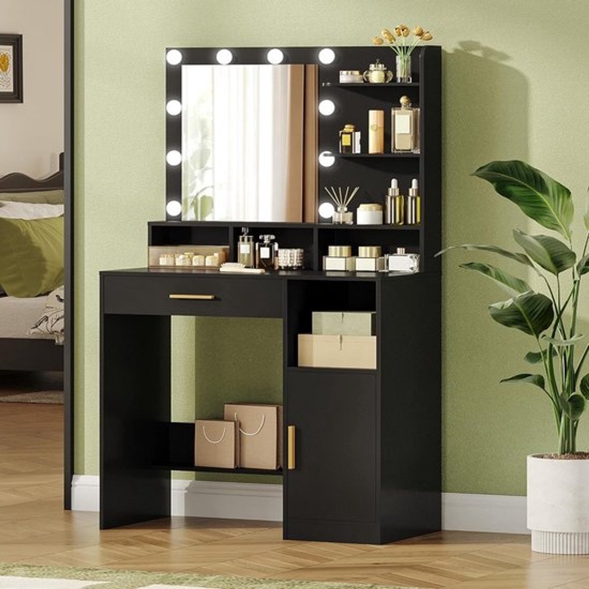 Make-up tafel met Spiegel en LED Verlichting, met Planken en Open Compartimenten in Zwart