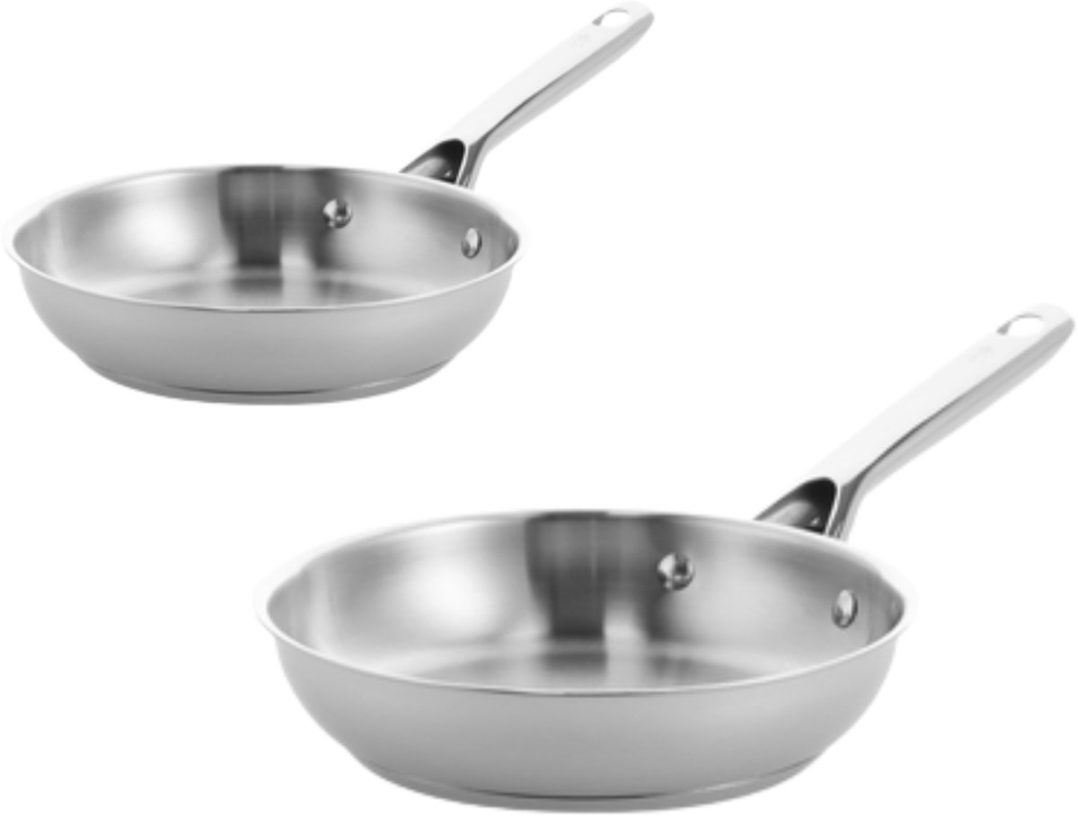 BK Sparkling Uncoated Koekenpannenset 2-delig - Koekenpannen 20/28 cm - Zonder antikleeflaag - Pannenset inductie - RVS pan - Ovenbestendig tot 230°C - RVS handgrepen - Zilver