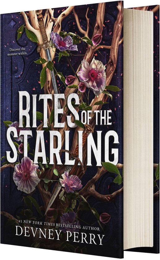 Boek "Rites of the Starling" met een zwaard, roze bloemen en takken op een donkerblauwe achtergrond. "Discover the monster within."