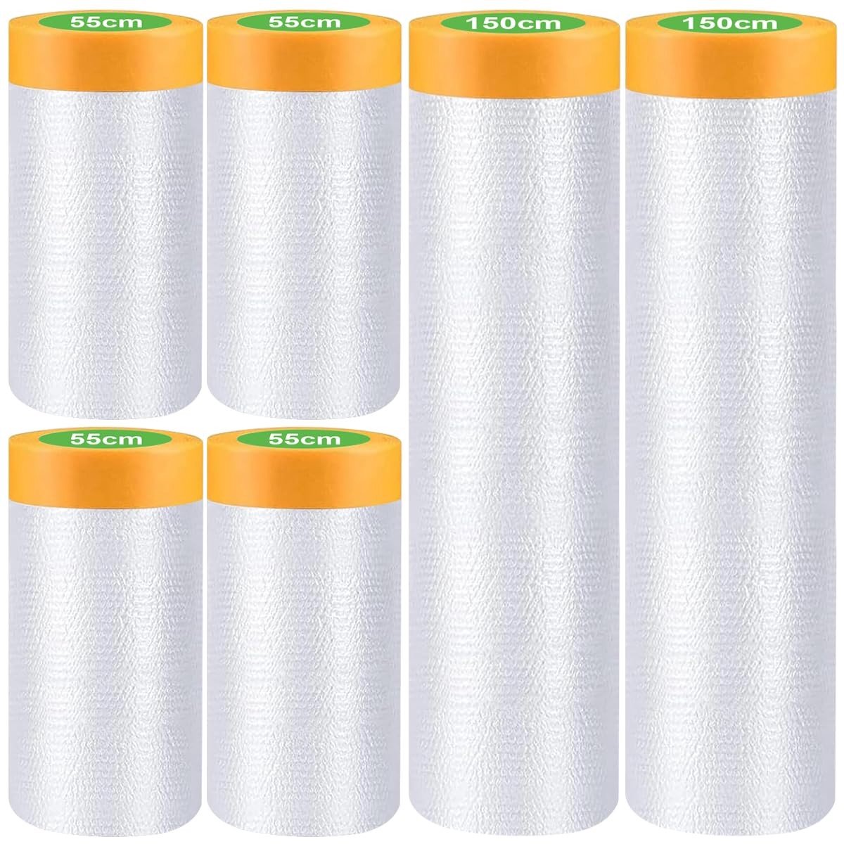 Masking Film met Plakband, 120 m Dekband met Film, Bescherming tegen Stof en Vuil, 4 Rollen 55 cm x 20 m + 2 Rollen 150 cm x 2 m, Multifunctionele Dekband voor Schilderwerk en Renovatie