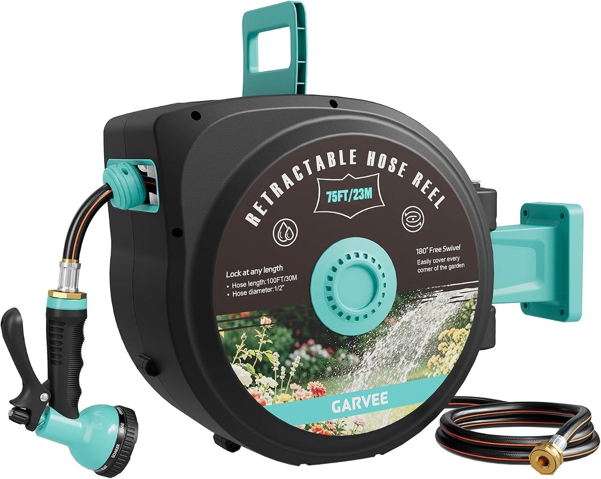 Automatische Wandslangenbox 23m - Tuinslanghaspel 180° Draaibaar met 9 Standen Tuinspuit