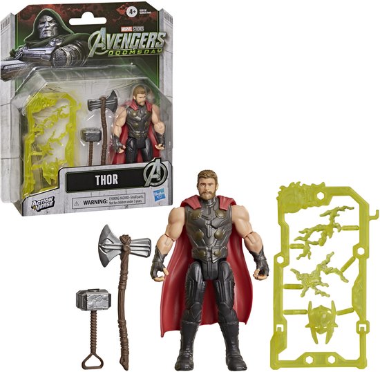Thor-figuur met accessoires buiten de verpakking, met Dr. Doom Avengers Doomsday-doos.