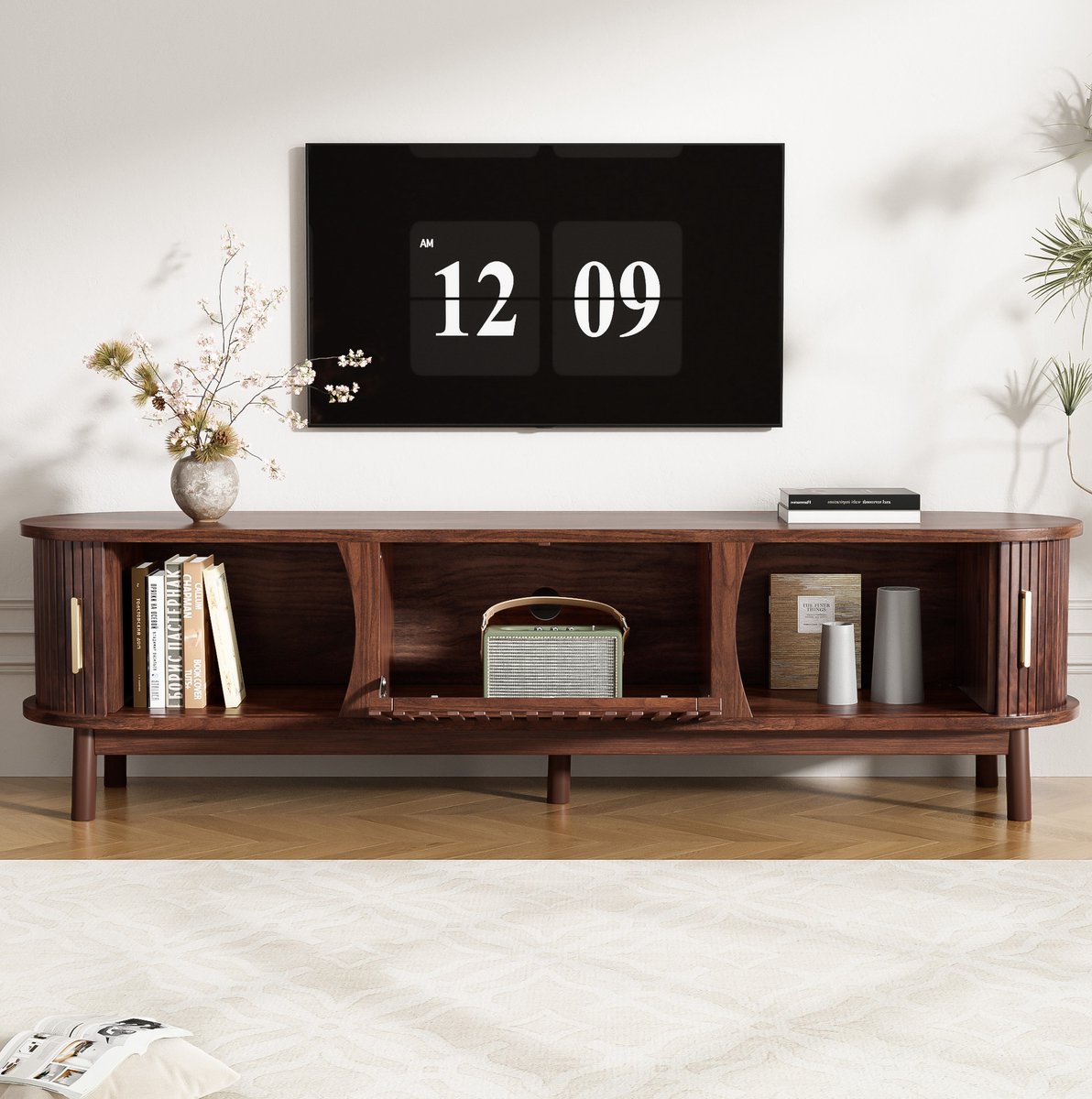 MEUNIQ TV-meubel Lowboard 165 x 39,5 x 46 cm met schuifdeuren, neerklapbare middendeur en 3 opbergvakken voor de woonkamer - Bruin