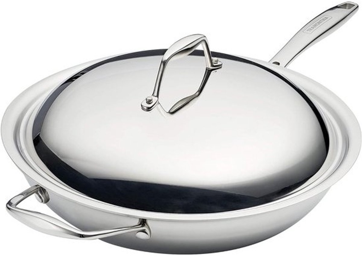 Tri-Ply roestvrij staal wok 32 cm met deksel, inductieklaar, vaatwasmachinebestendig