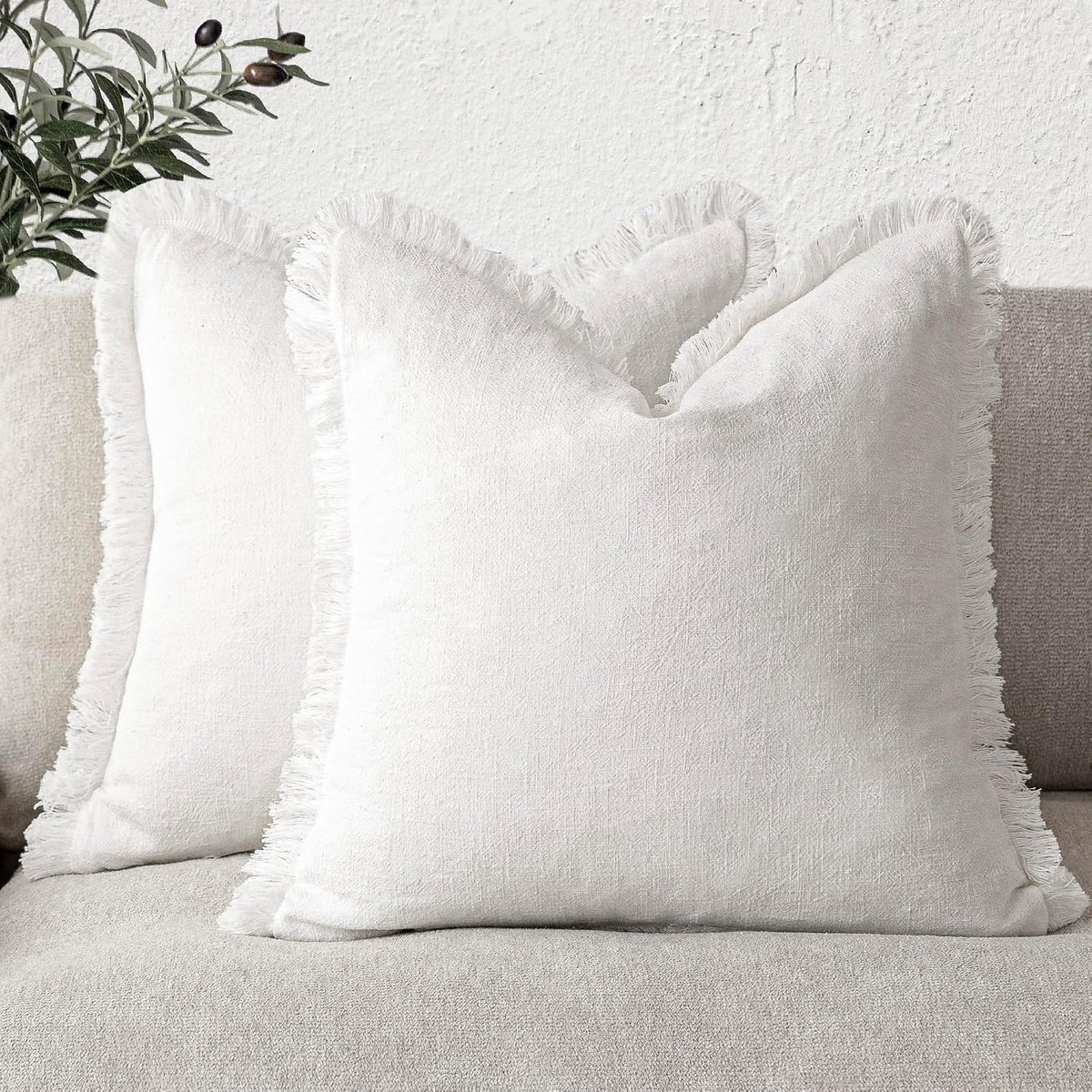KZQ Witte Linnen Kussenhoes met Franjes – 45x45 cm – Effen en Wasbaar – Decoratief Kussenhoes voor Bank - Stoel en Woonkamer – Exclusief Binnenkussen