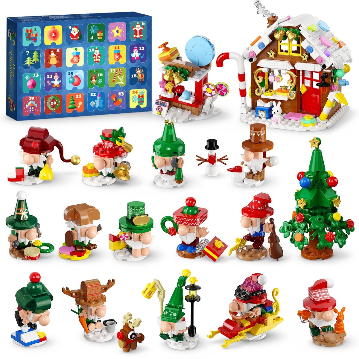 PLAXSOON Kerst Adventkalender Bouwpakket – 24 Dagen Countdown – 950 Delen – 14 Kabouters, Peperkoekhuis & Kerstboom – Spleegoed voor Kinderen 8+