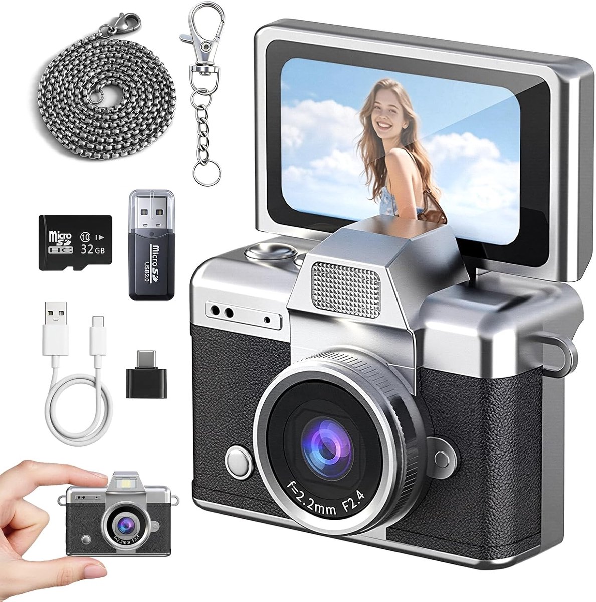 Mini Sleutelhanger Camera - HD Digitale Camera - Ultracompact & Retro Design - 32GB SD-kaart - USB-kaartlezer Adapter - Draagbare Mini Camera voor Reizen, Studie & Dagelijks Vloggen - Zwart