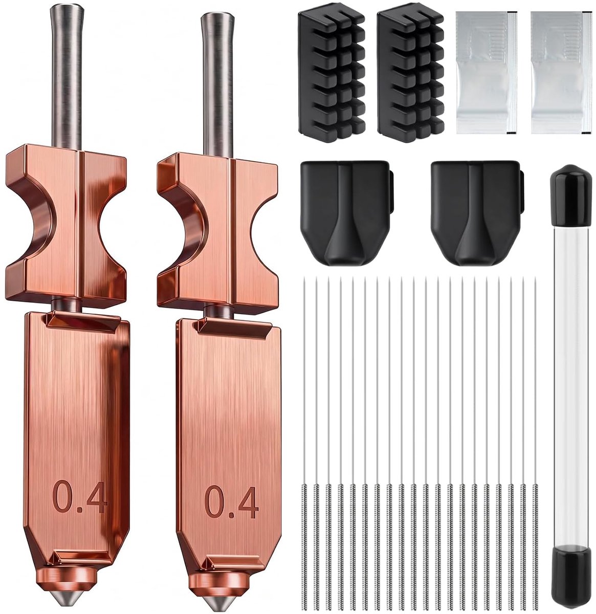 AD5X mondstukset, met 2 x 0,4 mm mondstukken, 2 siliconen sokken, 2 mondborstels, 20 reinigingsnaalden en 2 siliconen vetten, geïntegreerde volledig metalen hoend, 32 mm³/s debiet, 600 mm/s