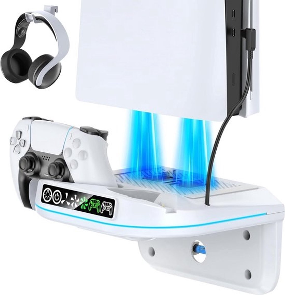 PS5 Wandhouder met Ventilator, Controller Oplader en RGB Verlichting