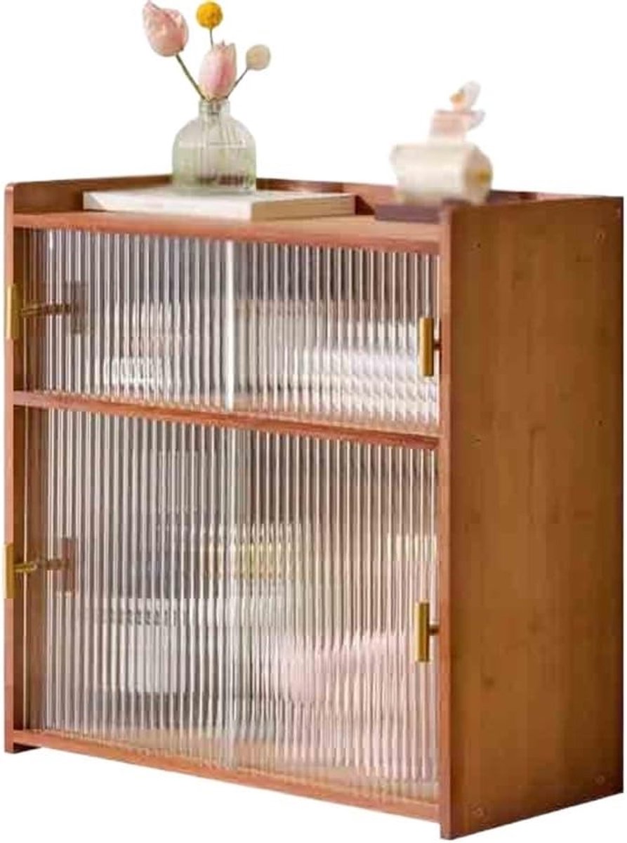 Boekenkast Dubbele laag bamboe desktop boekenkast, glazen schuifdeur opbergplank, for Office Home Dormitory Organizer Display Rack(L42xW25xH53 cm)