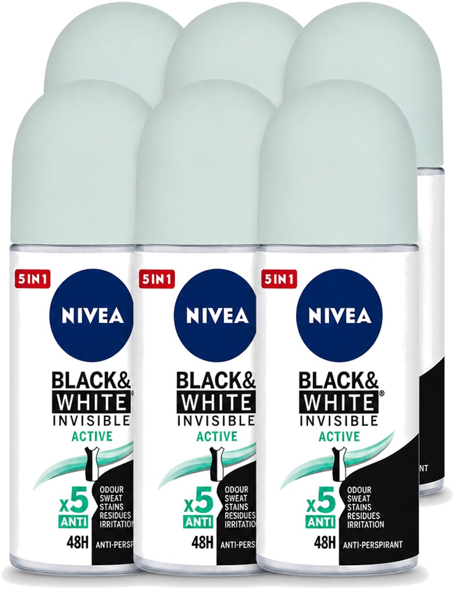 6 x Nivea - Deodorant - Roller - Black & White Invisible - Active - 50 ml - Voordeelverpakking - 6 stuks
