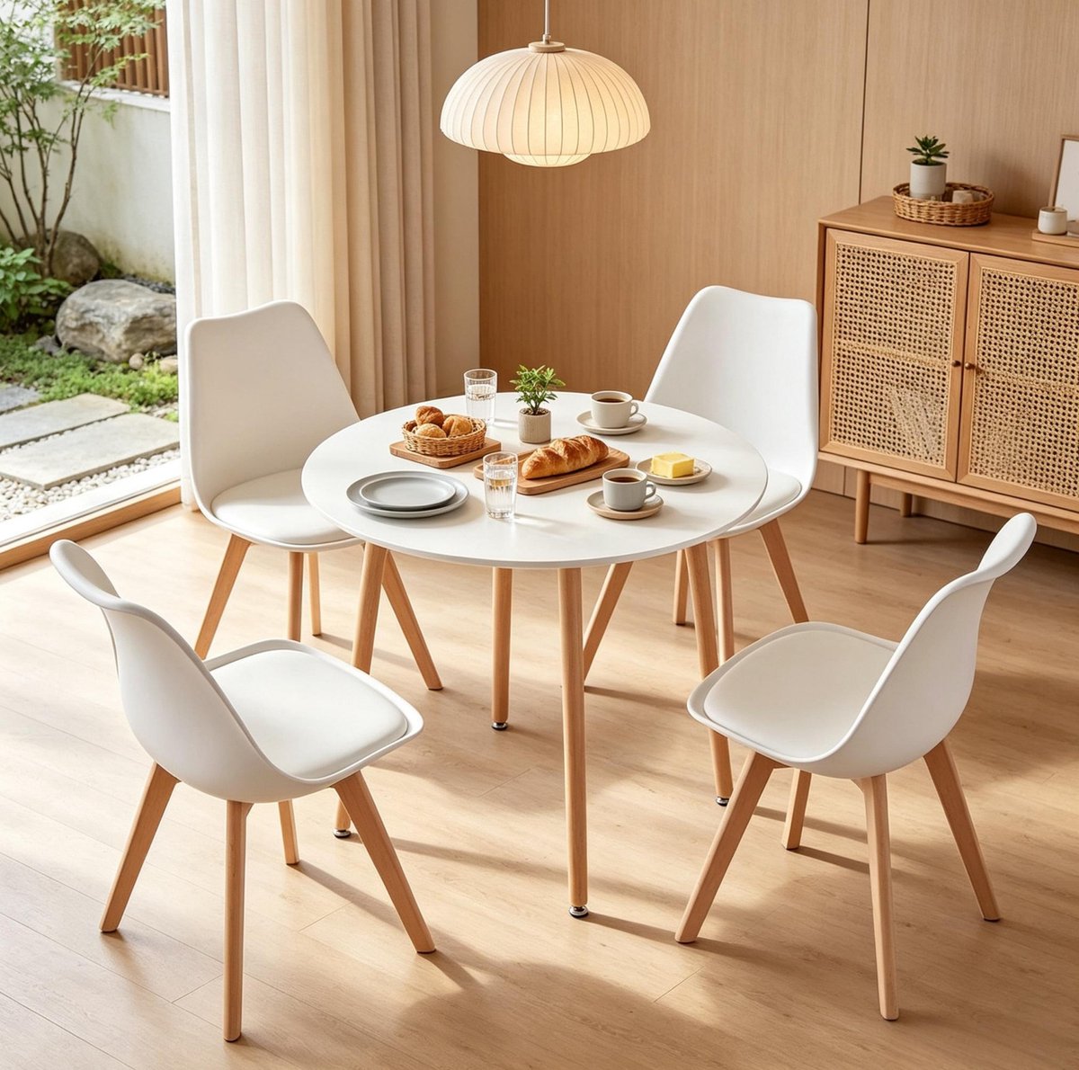 MODFU - Ronde Eettafelset Met 4 Stoelen - Modern - Wit - Hout - Kunststof
