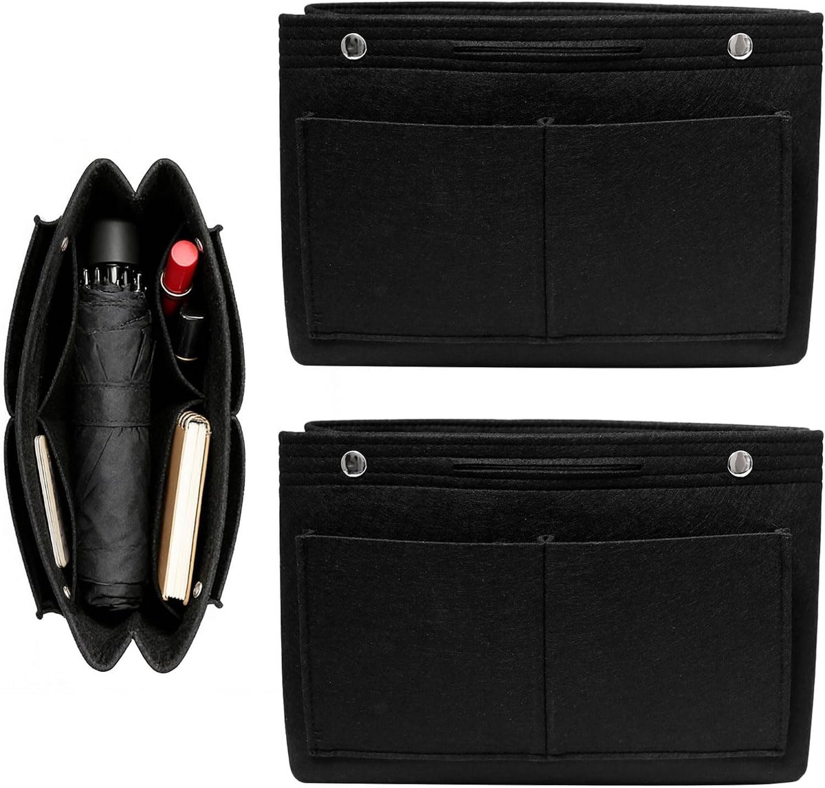 Set van 2 Vilt Organisers met Meerdere Vakken en Drukknopen, Handige Opbergoplossing voor Make-up en Accessoires, Lichtgewicht en Ruimtebesparend (30 x 20 x 10 cm, Zwart)