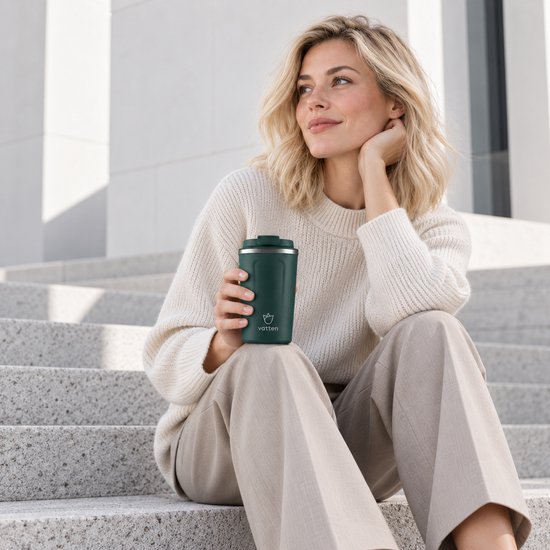 Femme aux cheveux blonds, assise sur des marches avec un gobelet Vatten vert foncé dans la main. Elle porte un pull en tricot et un pantalon beige.