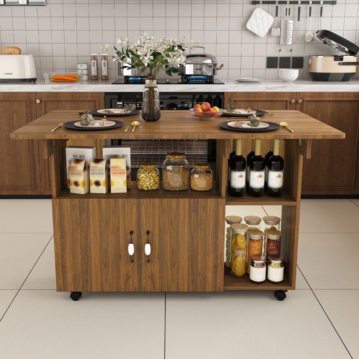 MODFU Opklapbare Mobiele Eettafel - Opbergruimte - MDF - Walnootkleur - 110x70x80 Cm