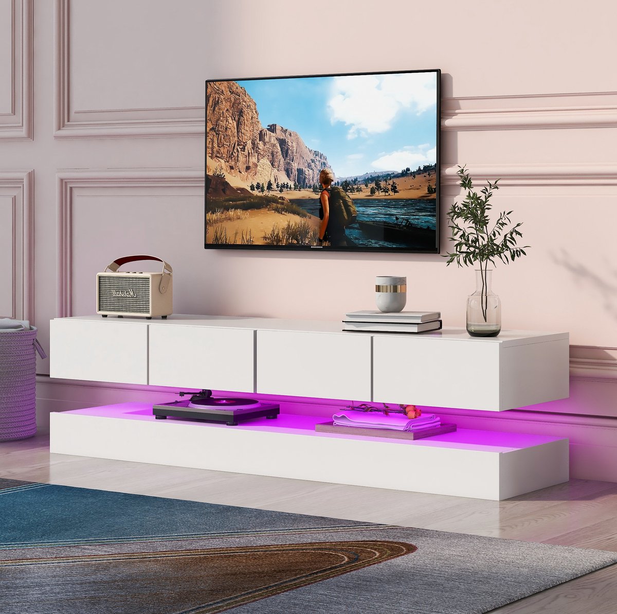 MEUNIQ Wandgemonteerd tv-meubel 130 x 33 x 15 cm met 4 lades, 2 kastdelen, LED-verlichting via Bluetooth-app en USB, wit