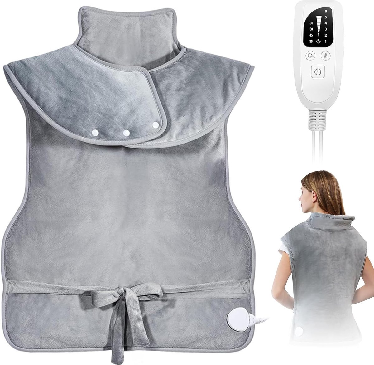 Elektrisch rug- en nekverwarmingskussen, lendensteunverwarmingskussen voor vrouwen en mannen, 6 temperatuurstanden, 4 timerstanden, machinewasbaar, voor kantoor en thuis