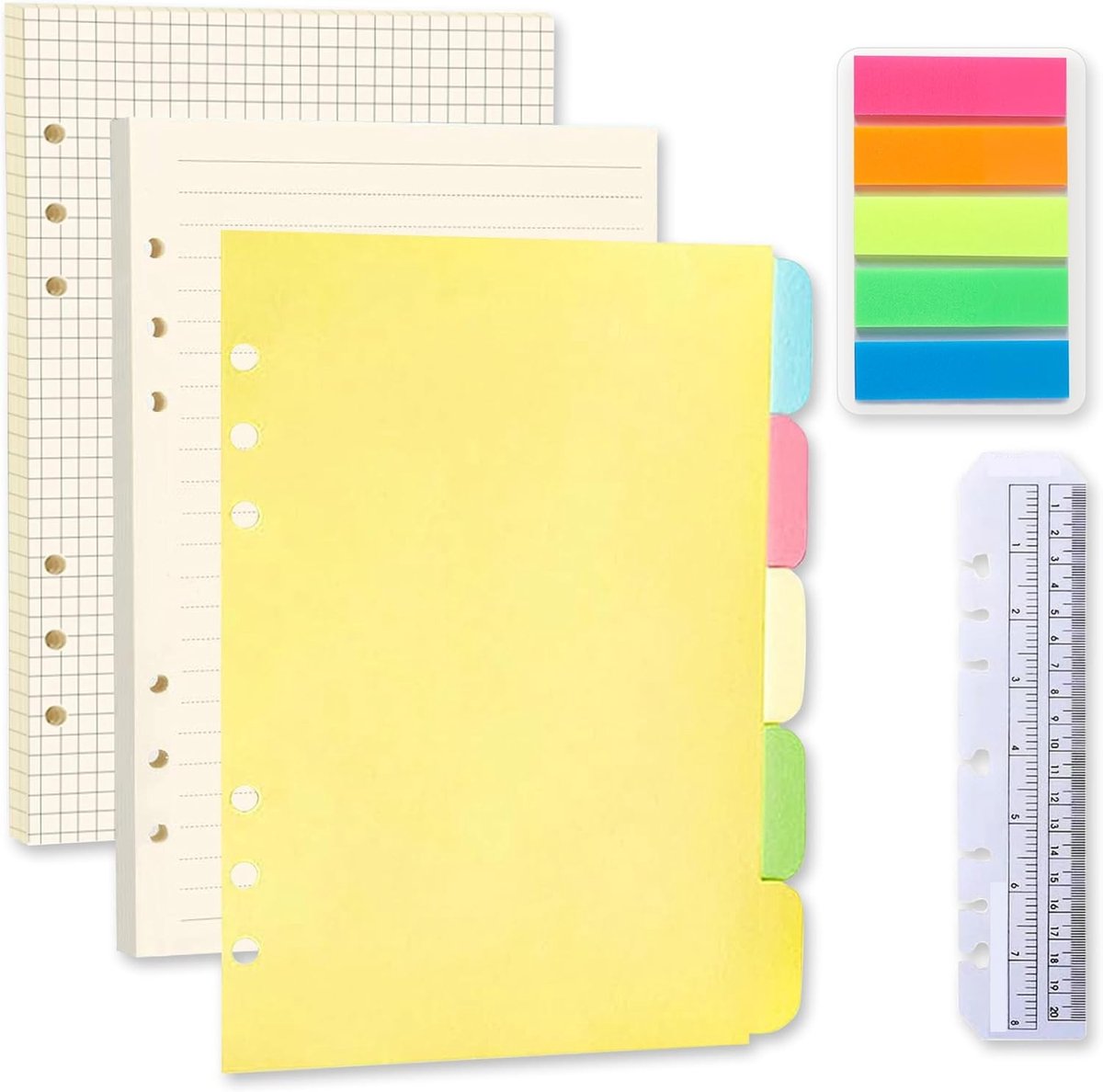 2 Pack A5 Navullingen, 120 Vellen Gelijnd Papier voor 6-Rings Notitieboek, Inclusief Index Tabs en Liniaal voor Organisatie