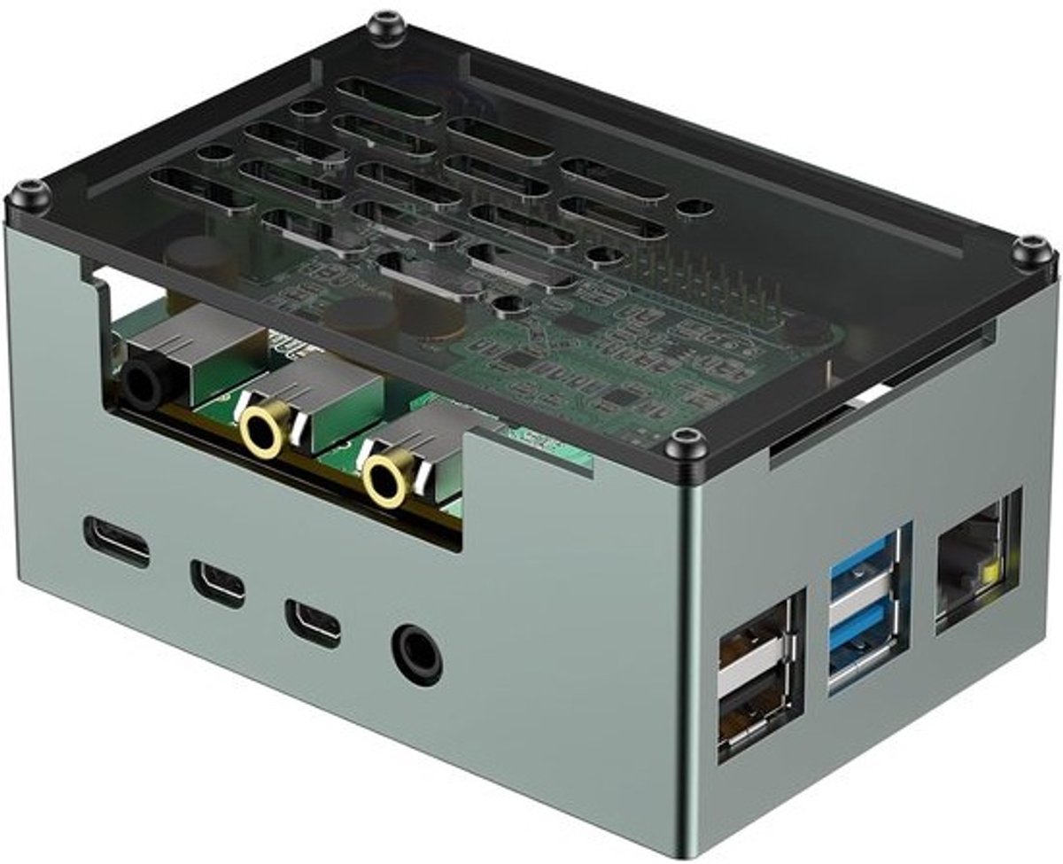 Aluminium Behuizing met Actieve en Passieve Koeling voor Raspberry Pi 4 met DAC/AMP/RS485 HAT Ondersteuning