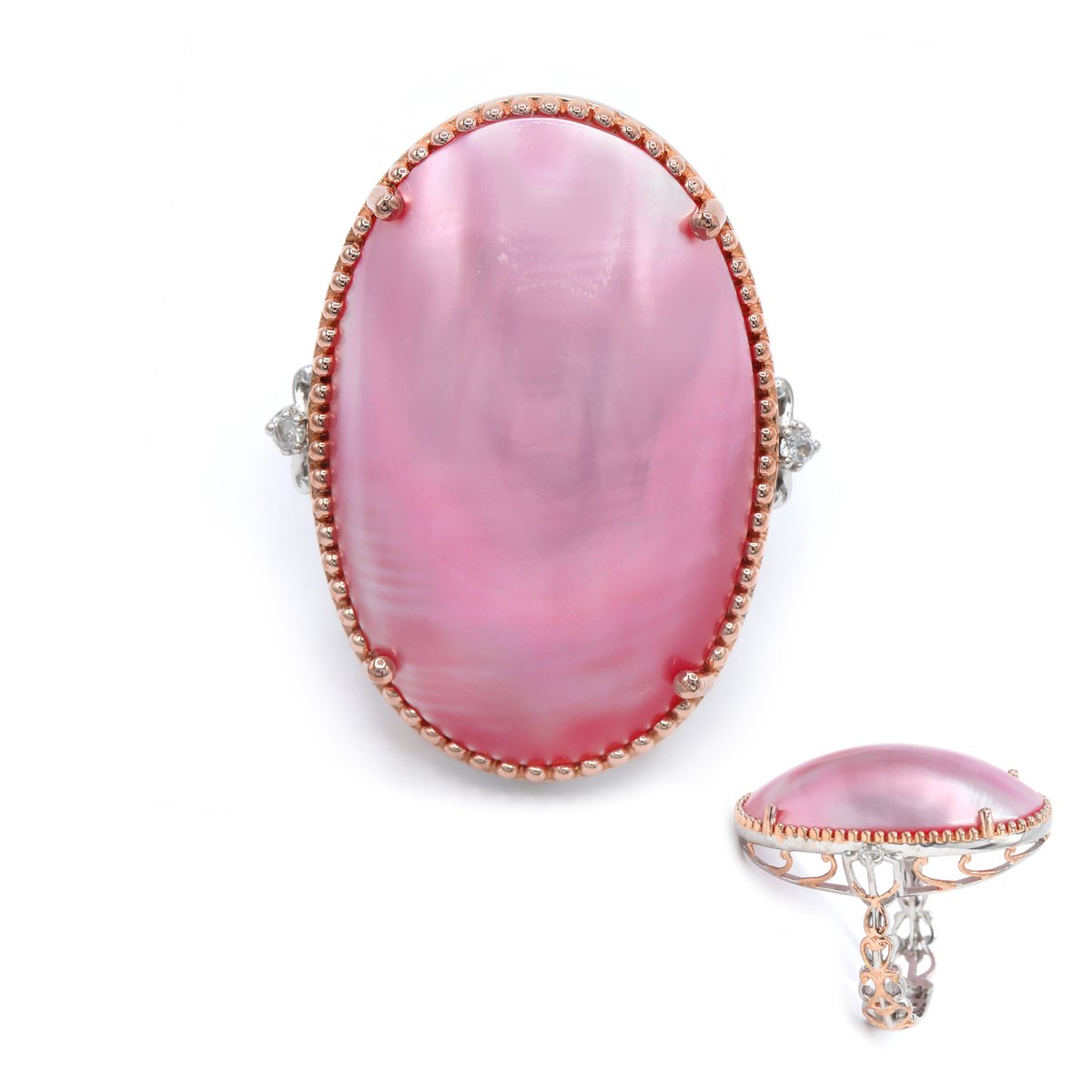 Cavill - Luxe Cocktailring 925 Sterling Zilver met Palladium Coating - Roze Ovaal Mabé Parel 31x19,6mm - Cambodjaanse Zirkonia