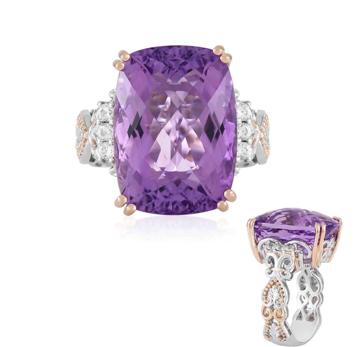 Cavill - Zilveren ring 925 Sterling met 12,033 ct Lavendel Amethist en 6 Cambodjaanse Zirkonia's - Palladiumlaag - Elegant - Antiek Schaakbord