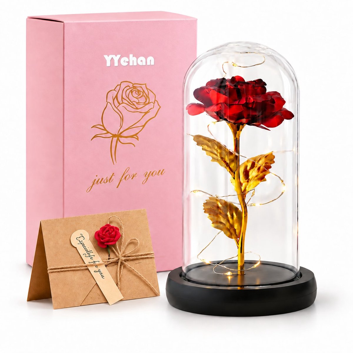 YYchan Eeuwige Roos in Stolp met LED Verlichting - Rode Gouden Roos in Glazen Stolp - Romantisch Cadeau voor Vrouw, Vriendin & Moeder - Inclusief Geschenkdoos en Wenskaart