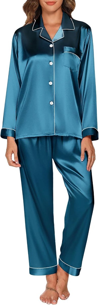 Pyjama Dames Satijnen Pyjama Set met knoopsluiting, Tweedelige Zijden Pyjama Voor Dames, V-hals Zachte Zijden Pyjama Nachtkleding, Loungewear Voor Alle Seizoenen